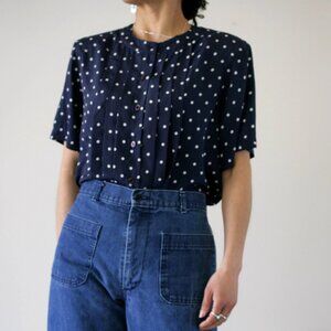 90's Navy Blue Polka Dot Short Sleeve Button Up Blouse